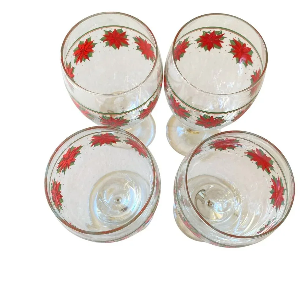 Vintage Libbey Christmas poinsettia glasses goblets wine water flower dinnerware
